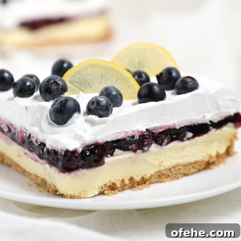 A blueberry lemon delight dessert bar featuring a graham cracker crust, creamy filling, blueberry topping, and whipped cream, garnished with fresh blueberries and lemon slices, served on a white plate.