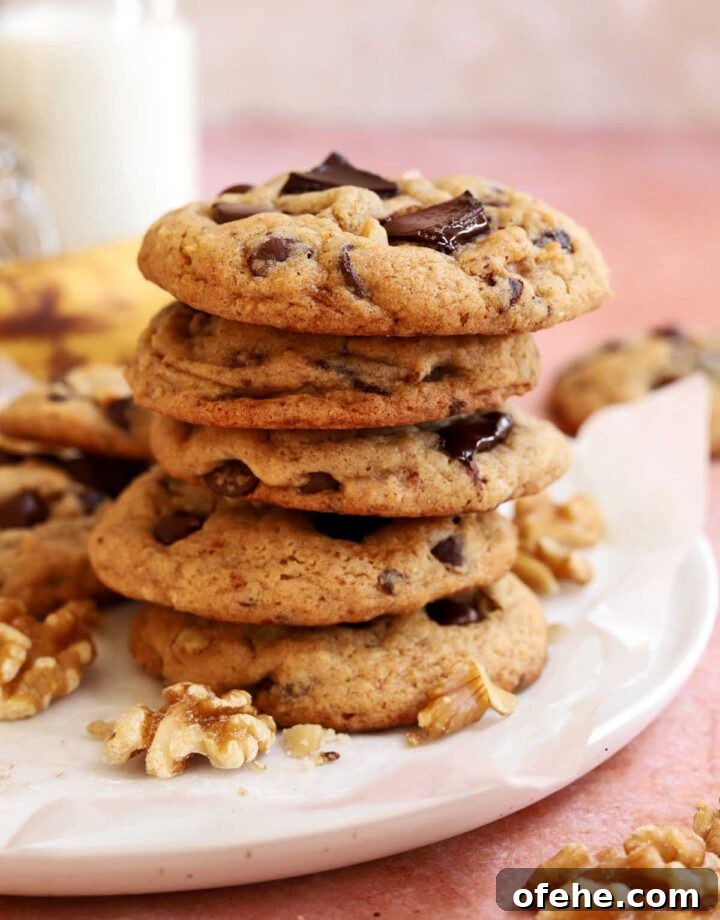 Chocolate Chip Banana Bread Cookies Recipe — Soft & Chewy Treats 3 chocolate chip banana bread cookies stacked
