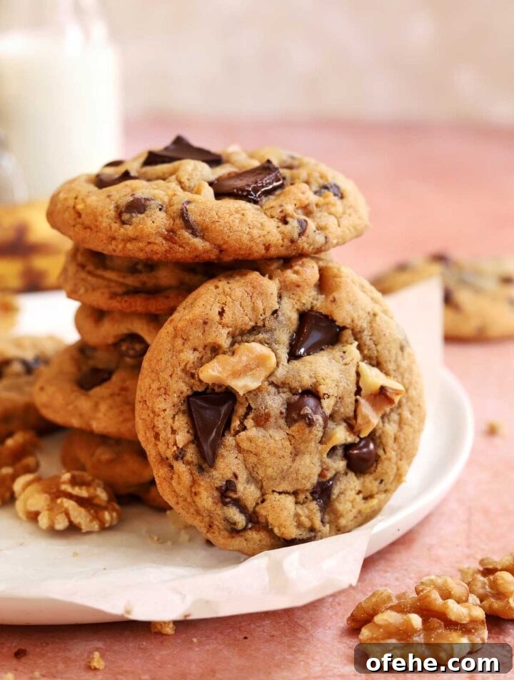 Chocolate Chip Banana Bread Cookies Recipe — Soft & Chewy Treats 6 stack of chocolate chip banana bread cookies