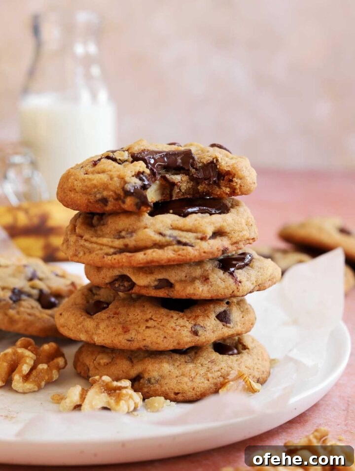 Chocolate Chip Banana Bread Cookies Recipe — Soft & Chewy Treats 8 stack of chocolate chip banana bread cookies