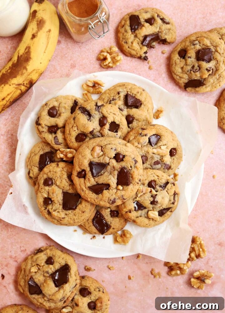 Chocolate Chip Banana Bread Cookies Recipe — Soft & Chewy Treats 10 chocolate chip banana bread cookies on a plate