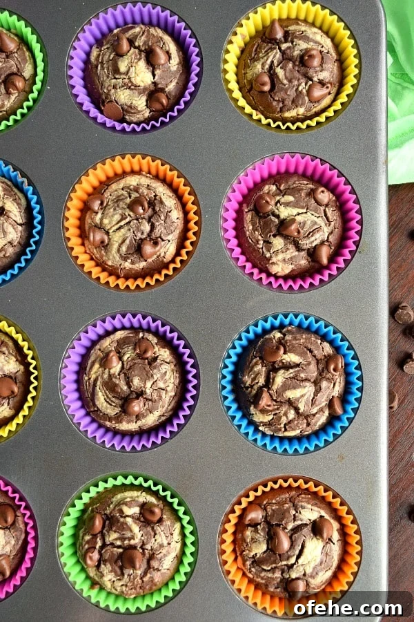Chocolate Peanut Butter Black Bean Muffins — Protein-Rich Treats 3 overhead shot of black bean muffins in colorful muffin liners