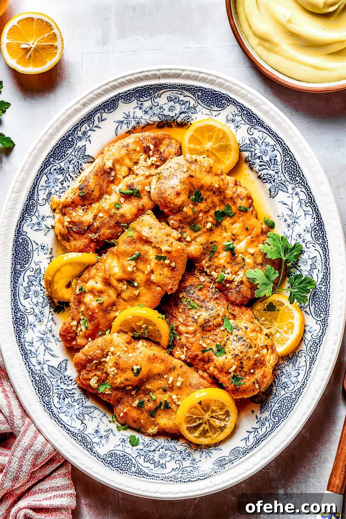 Lemon chicken on a plate. Lemon chicken breasts arranged on a blue oval plate.