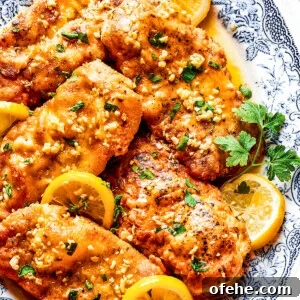 Zesty Lemon Chicken with Crispy Skin – Quick Dinner Recipe 2 Homemade lemon chicken recipe arranged on a platter with parsley and lemon slices.