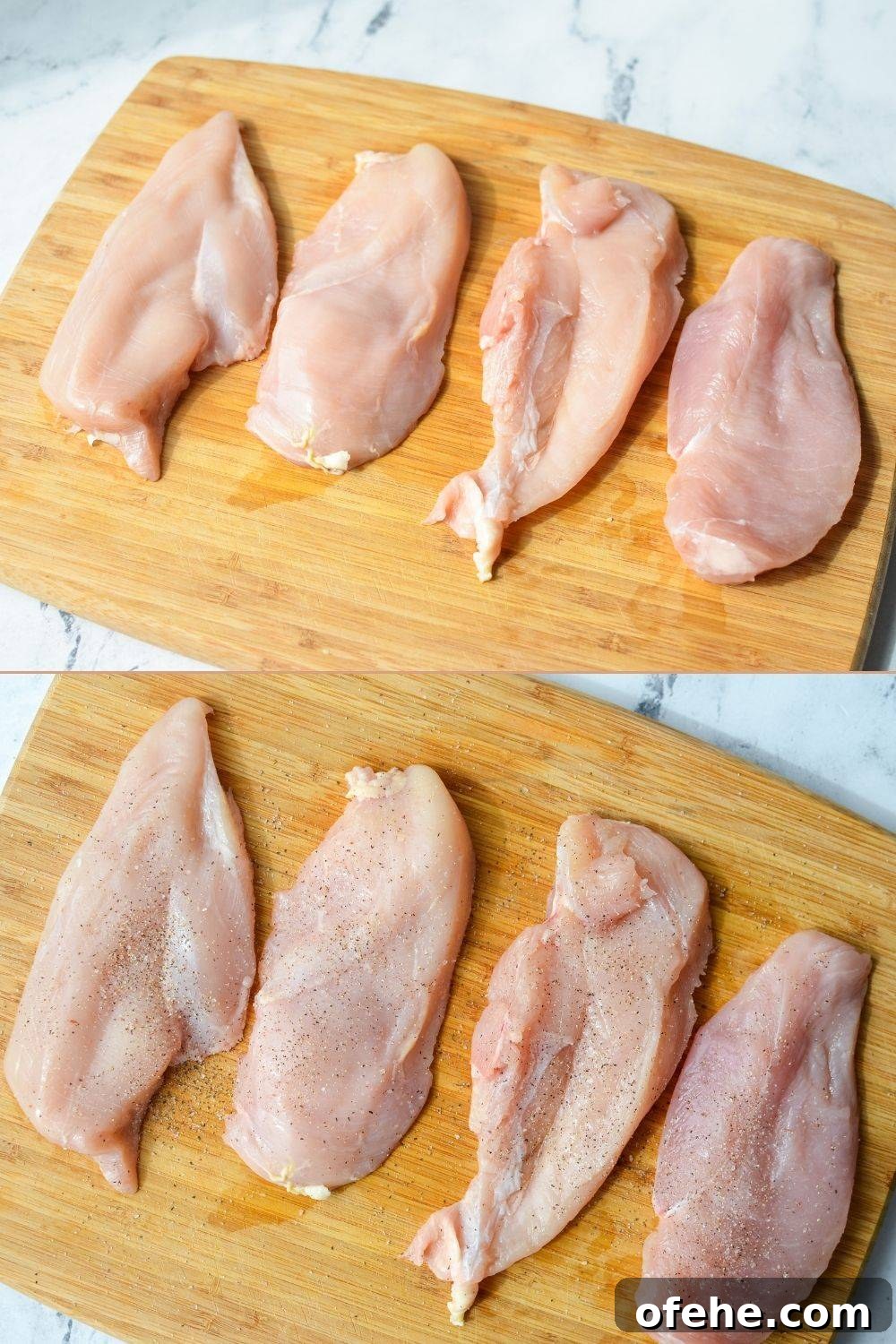 Creamy Roasted Red Pepper Chicken Recipe for Weeknight Dinners 4 Chicken breast being sliced in half through the middle and sprinkled with salt and pepper.
