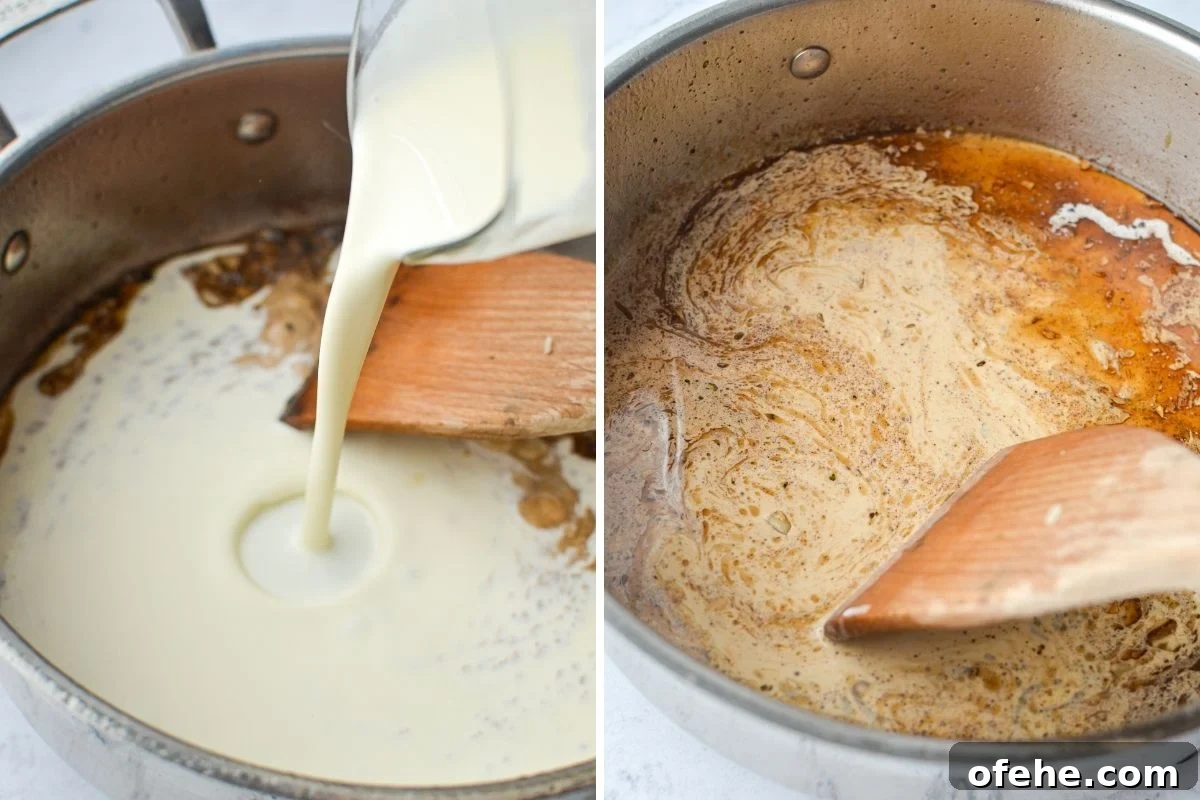 Creamy Roasted Red Pepper Chicken Recipe for Weeknight Dinners 6 Adding heavy creamy to a skillet and scraping up the bits with a wooden spatula.