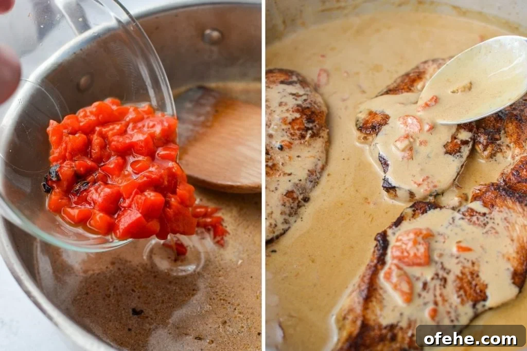 Creamy Roasted Red Pepper Chicken Recipe for Weeknight Dinners 7 Adding chopped roasted red peppers to the skillet.