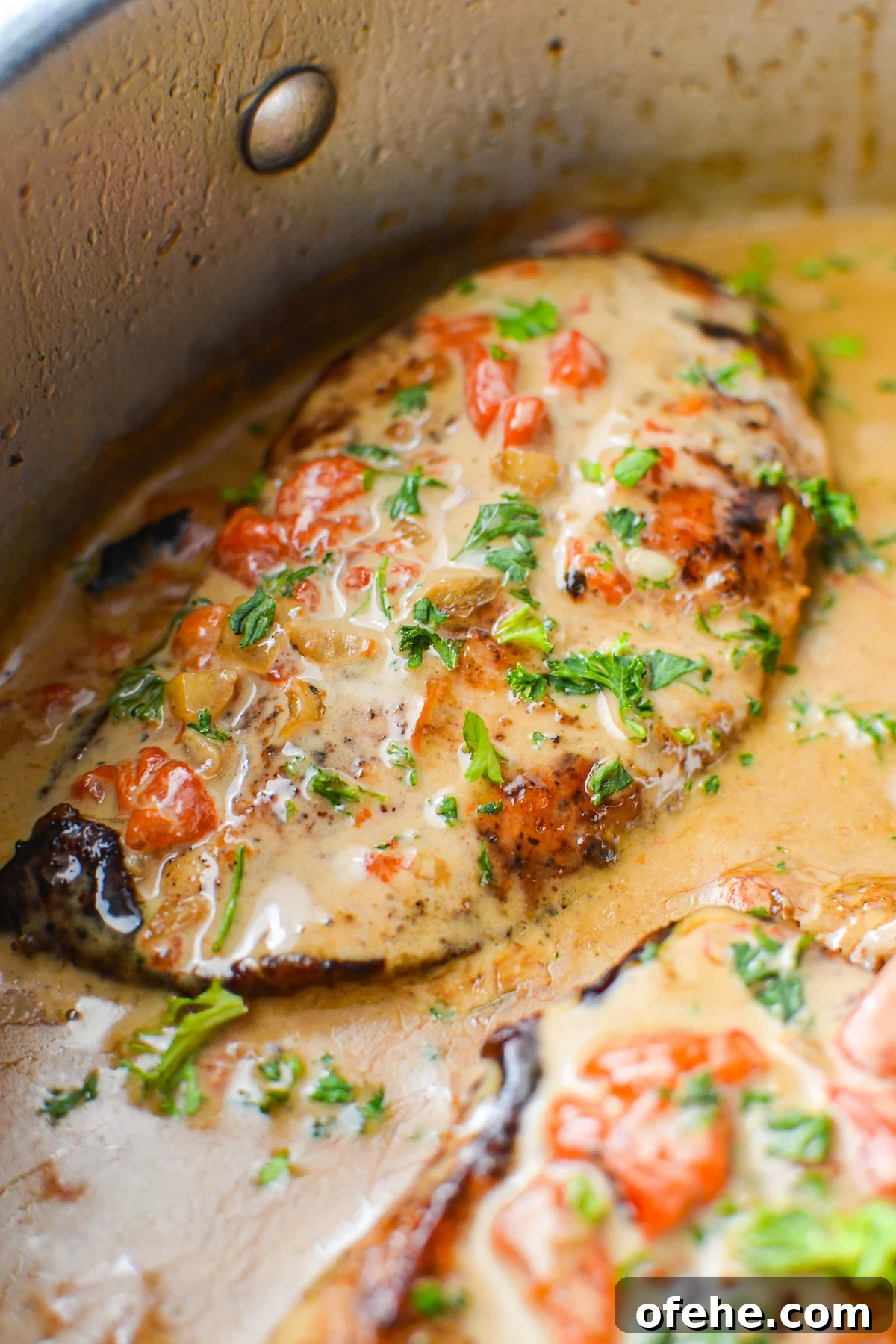Creamy Roasted Red Pepper Chicken Recipe for Weeknight Dinners 8 A close up of a chicken breast coated in a cream sauce and garnished with parsley.