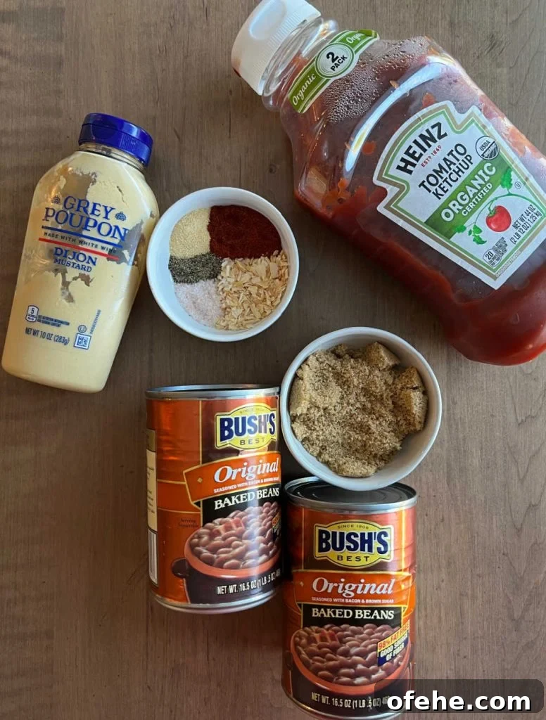 canned baked beans, brown sugar, ketchup, mustard and seasonings