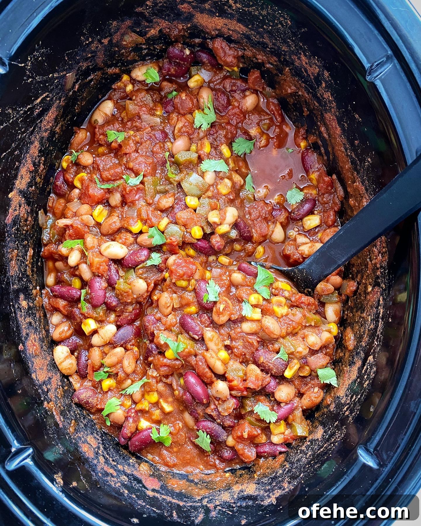 Hearty Crockpot Vegan Chili Recipe for Slow Cooker Success 2 overhead shot of cooked the best crockpot vegan chili in a black slow cooker garnished with cilantro