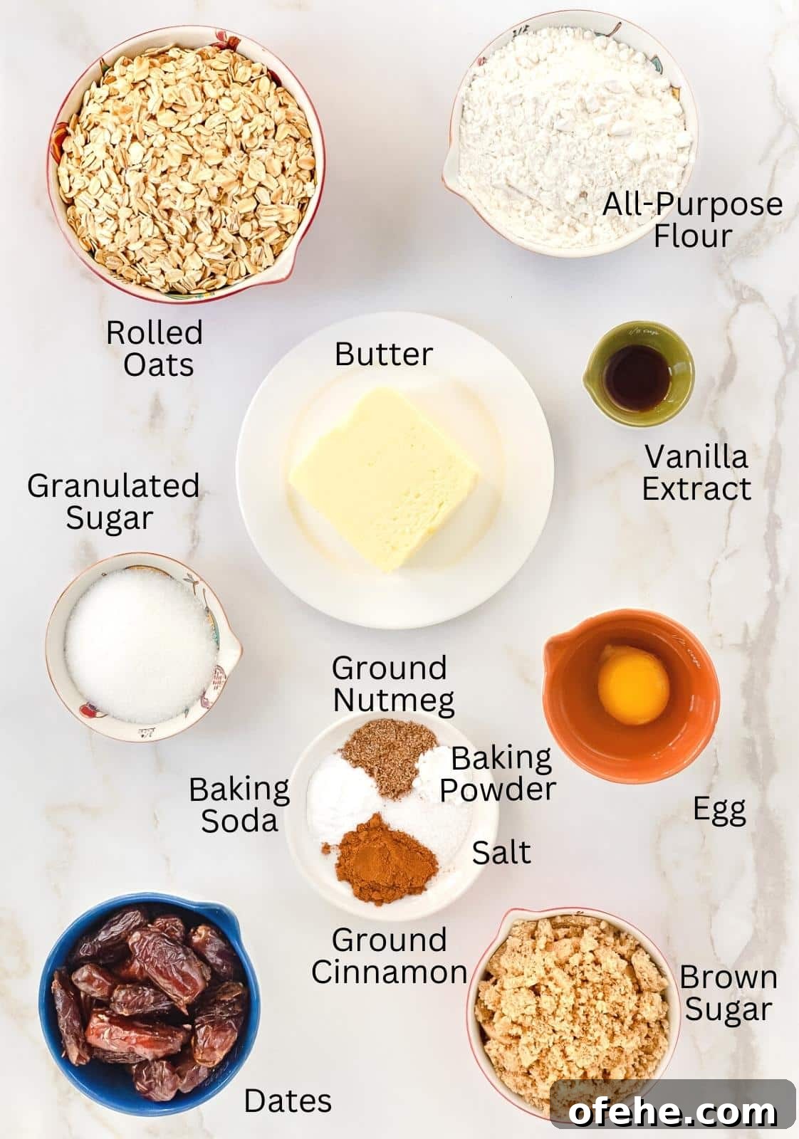 Chewy Oatmeal Cookies with Sweet Dates 3 Image of ingredients needed to make, thick, soft and chewy Oatmeal Date Cookies.