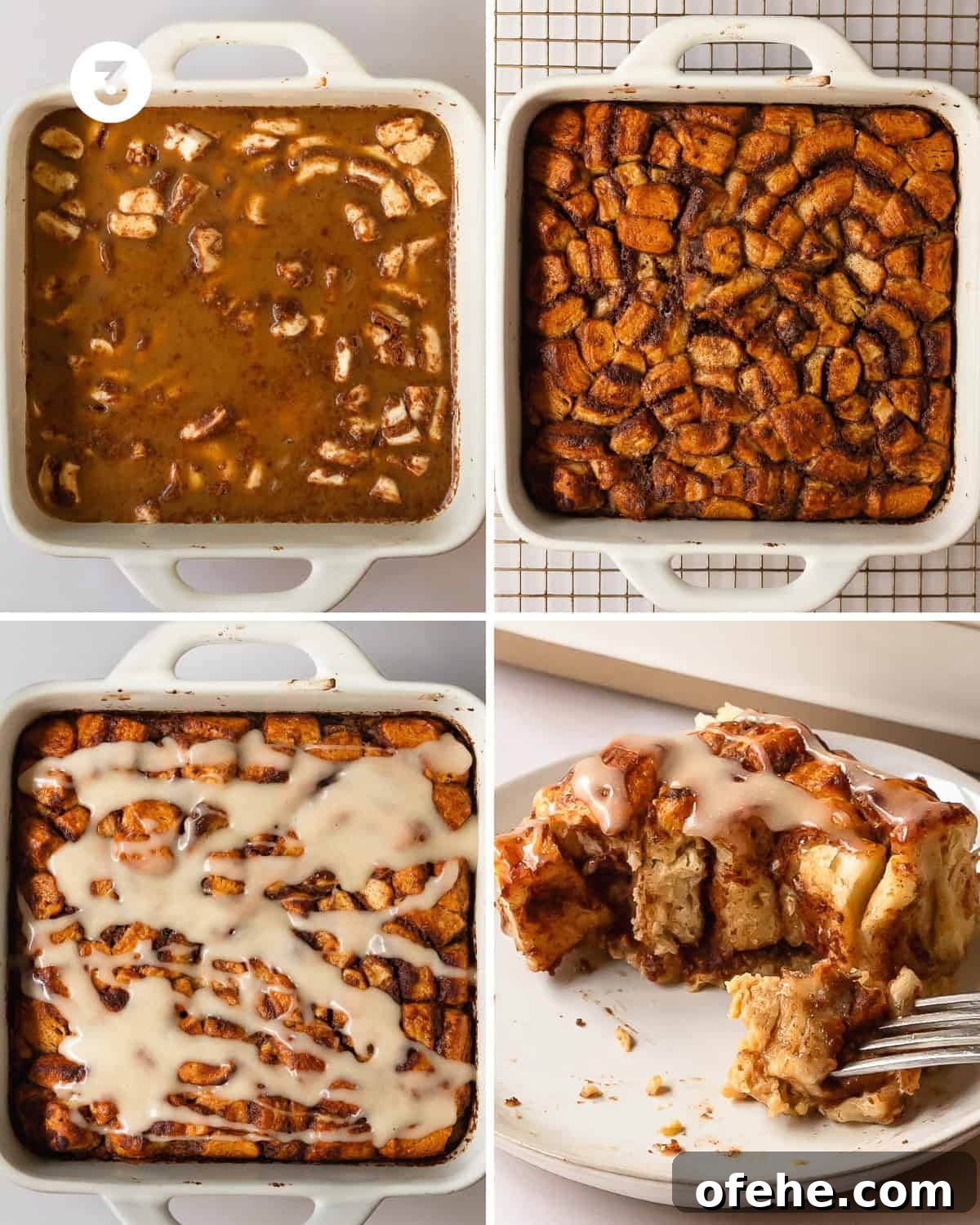 Cinnamon Roll French Toast Recipe: Sweet Breakfast Brunch Idea 6 Pour the cinnamon custard on top of the cinnamon roll pieces in the baking dish. Bake the french toast cinnamon rolls for about 25 minutes. The edges of the baked cinnamon rolls should pull slightly away from the edges of the baking dish. The custard should be set and a toothpick inserted into the center should yield a few moist crumbs. Cool the cinnamon roll french toast casserole for 10 - 15 minutes. Top the cinnamon rolls with the reserved icing packet.