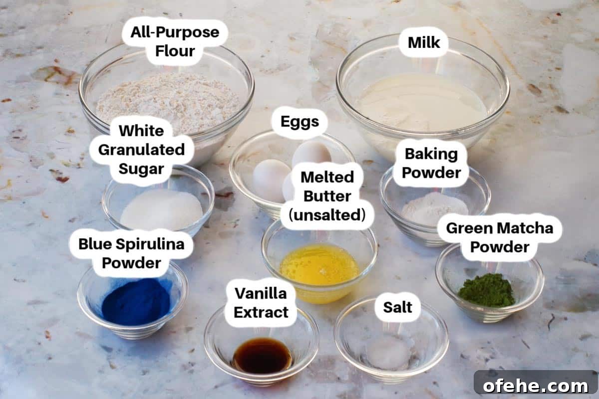 Colorful Earth Day Sheet-Pan Pancakes Recipe 3 Earth Day Sheet Pan Pancake ingredients in glass bowls, labelled.