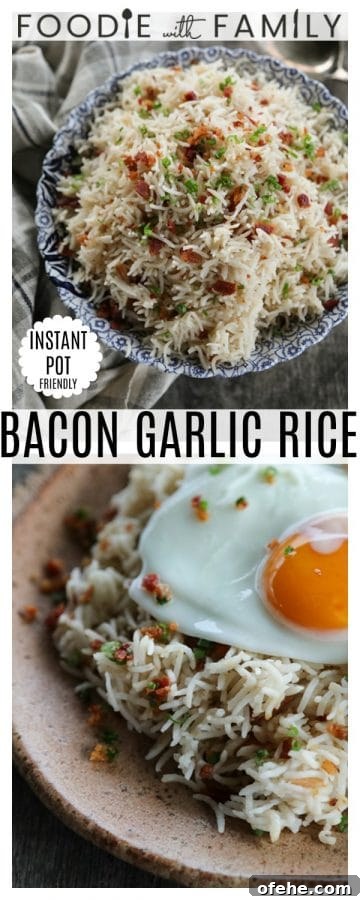 Bacon Garlic Rice; tender grains of basmati rice bursting with bacon, fried garlic, and fresh green onion. It's a flavour explosion that is great with grilled chicken, fish, beef, or pork, or nibbled straight from the fridge at midnight.