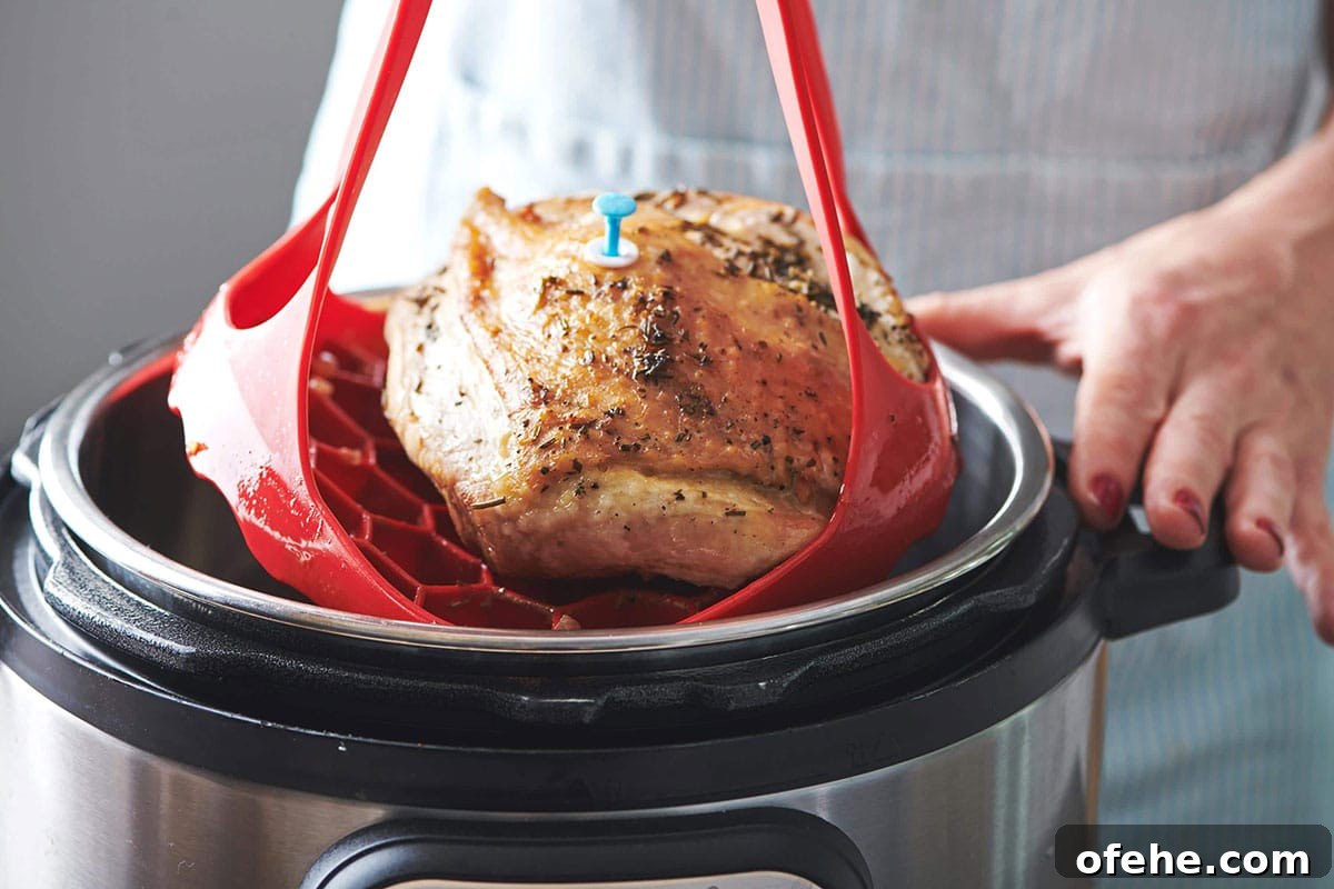 Roast Turkey Breast: Juicy Oven Method and Timing 8 Red sling pulling a Turkey Breast out of an Instant Pot.
