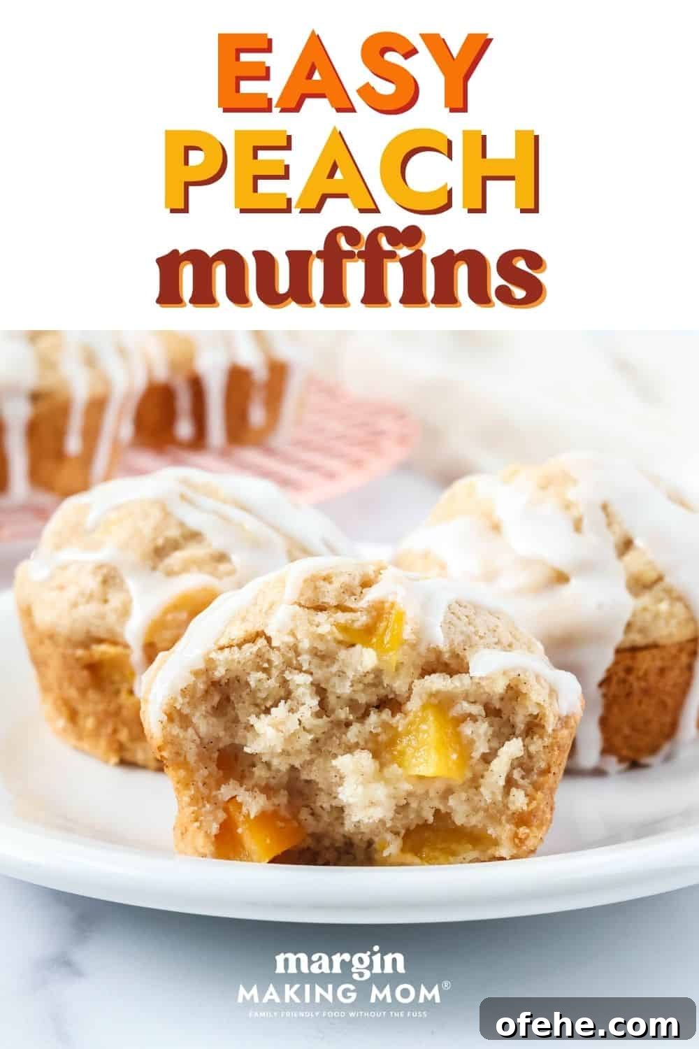 Peach Muffins Made with Bisquick — Quick Summer Treat 2 Three iced peach muffins on a white plate. One muffin has a bite taken out of it, so you can see the chunks of diced peaches in the fluffy muffin.