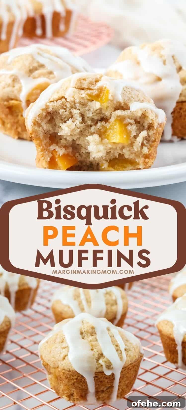 Peach Muffins Made with Bisquick — Quick Summer Treat 12 two photos; one shows peach muffins on a white plate, one of which has been split in half to show chunks of peaches in the muffin. The other photo shows muffins drizzled with icing on a wire rack.