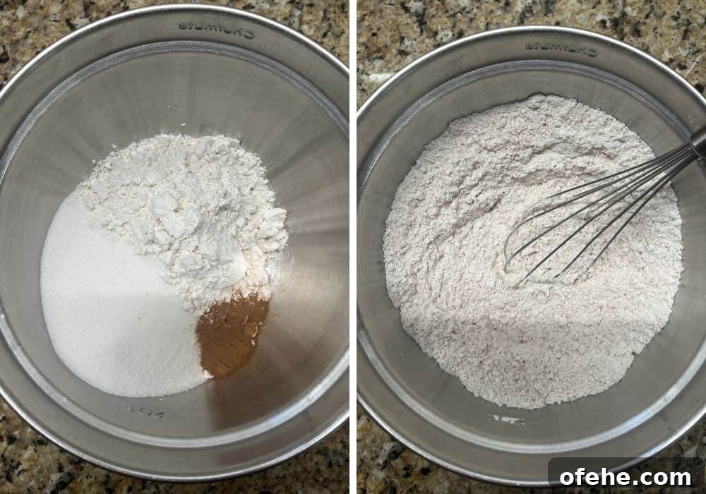 Peach Muffins Made with Bisquick — Quick Summer Treat 6 two photos; one shows dry ingredients in a mixing bowl; the other shows the ingredients whisked together.