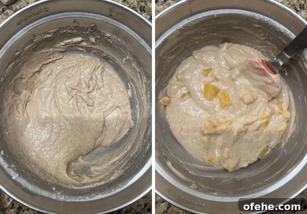 Peach Muffins Made with Bisquick — Quick Summer Treat 7 two photos; one shows muffin batter in a mixing bowl; the other shows peach chunks stirred into the batter.