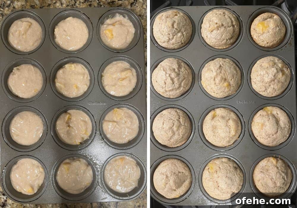 Peach Muffins Made with Bisquick — Quick Summer Treat 8 two photos; one shows peach cobbler muffin batter in a muffin tin; the other shows the freshly baked peach muffins still in the pan.
