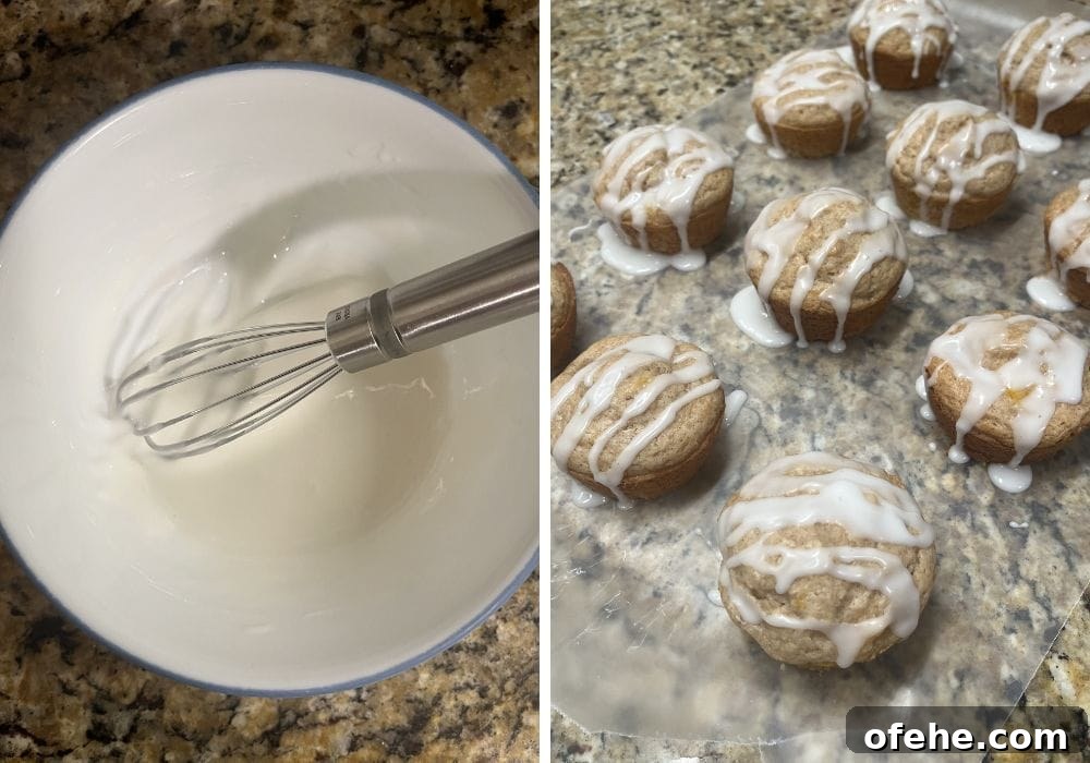 Peach Muffins Made with Bisquick — Quick Summer Treat 9 two photos; one shows a whisk in a bowl of icing for muffins; the other shows the icing drizzled over the top of the muffins.