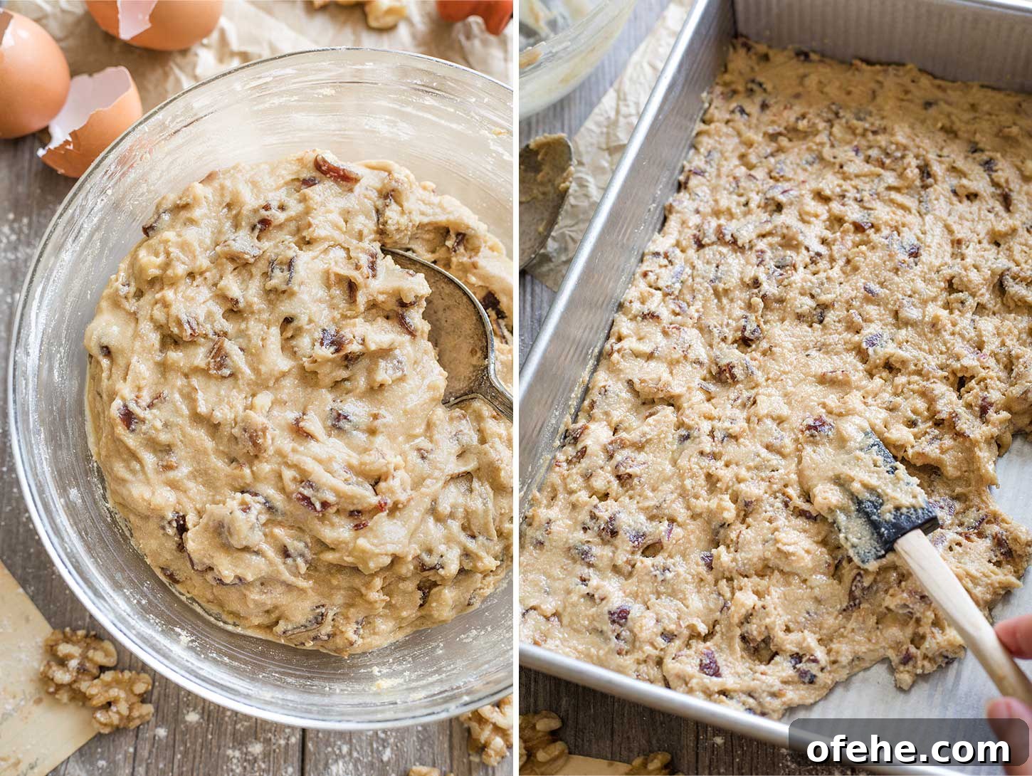 Collage of two photos: one showing the Date Bars batter will in the mixing bowl, and the second showing a rubber scraper spreading the batter into the baking pan.