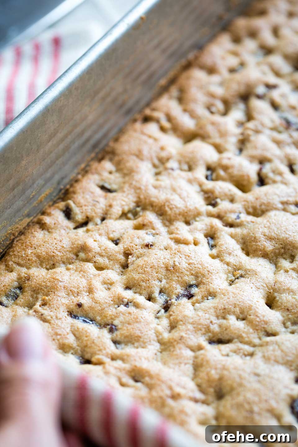 Closeup of one corner of the baking pan just after this Date Bar recipe has come out of the oven.