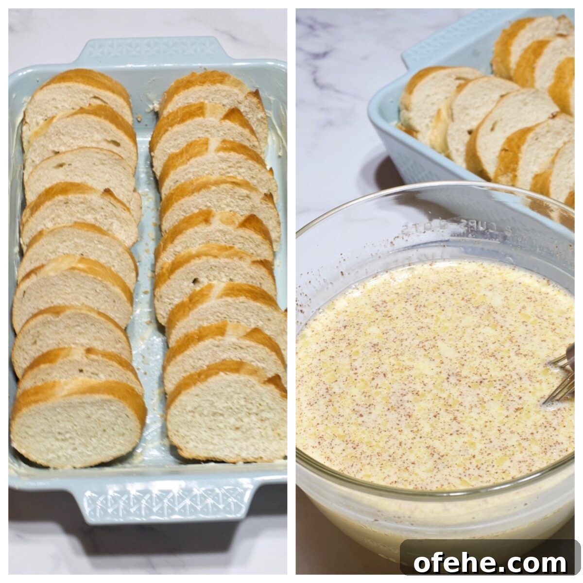 Bread arranged in casserole dish