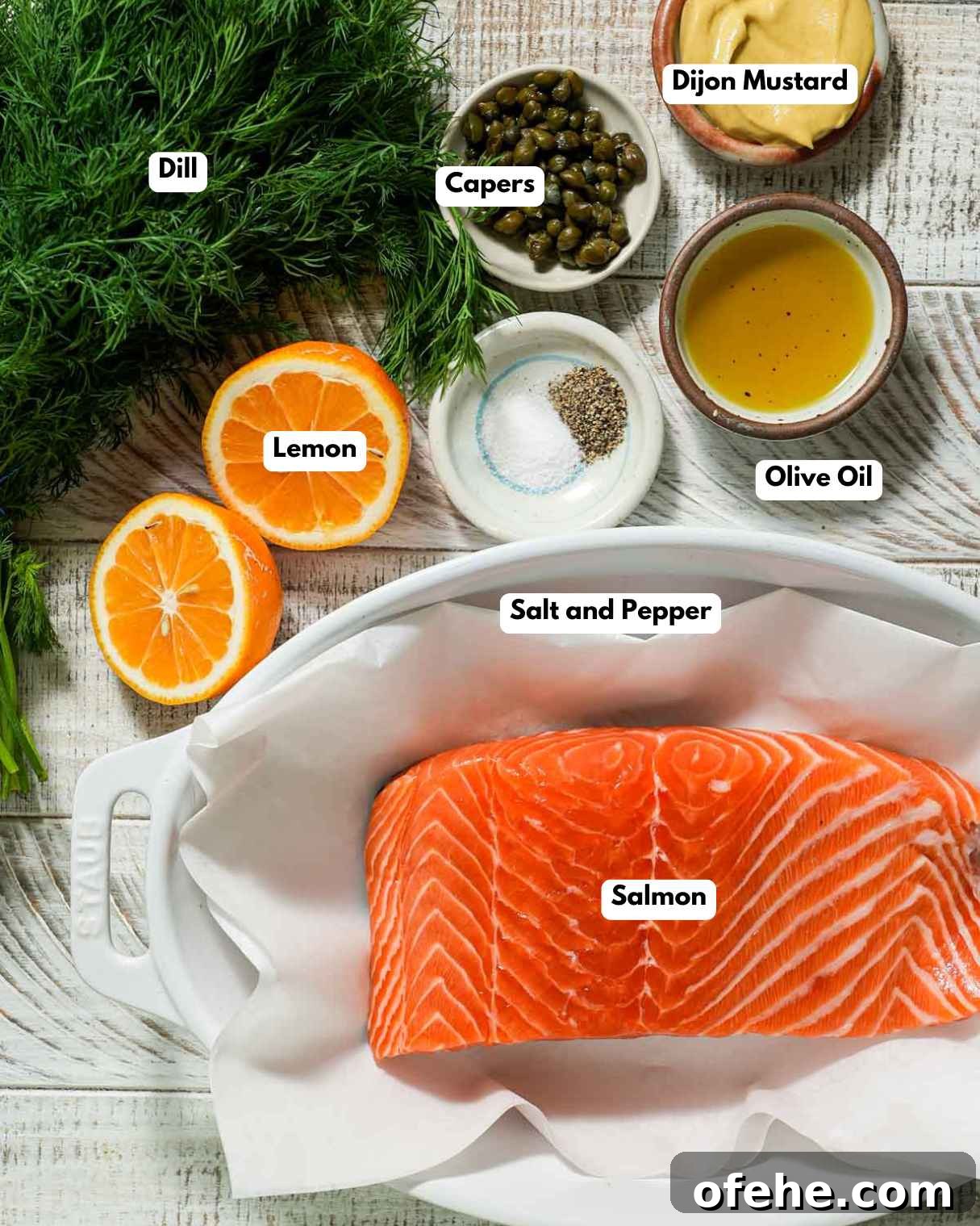 Oven-Baked Dijon Salmon with Fresh Dill and Lemon 3 The ingredients laid out to make salmon with mustard dill sauce.