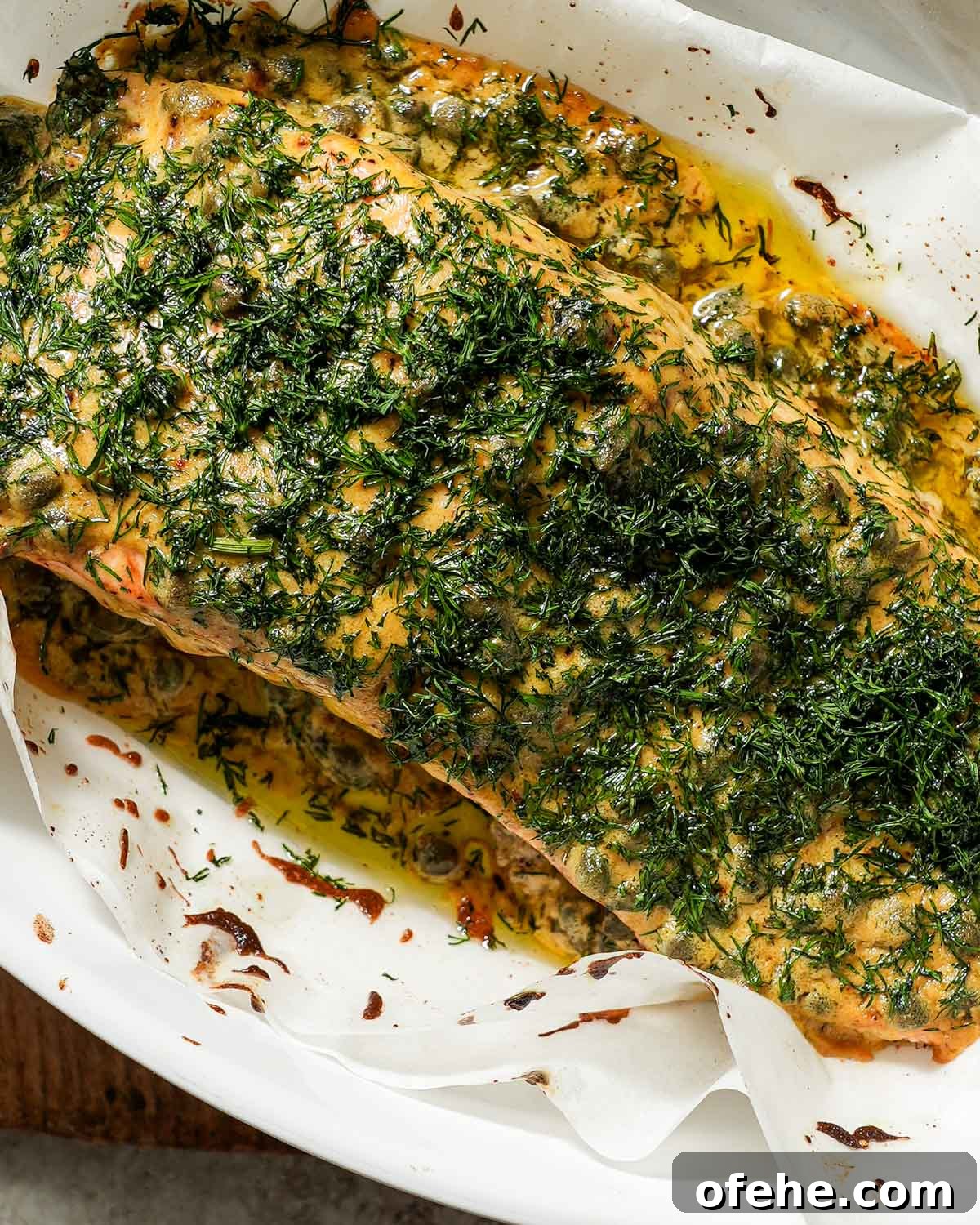 Oven-Baked Dijon Salmon with Fresh Dill and Lemon 6 A baking dish of mustard dill salmon just out of the oven.