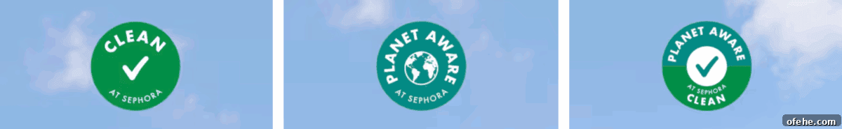 Is Sephora’s Clean Label Greenwashing? What You Should Know 2 The photo shows three circular labels with different eco-friendly symbols and messages, set against a blue sky background.