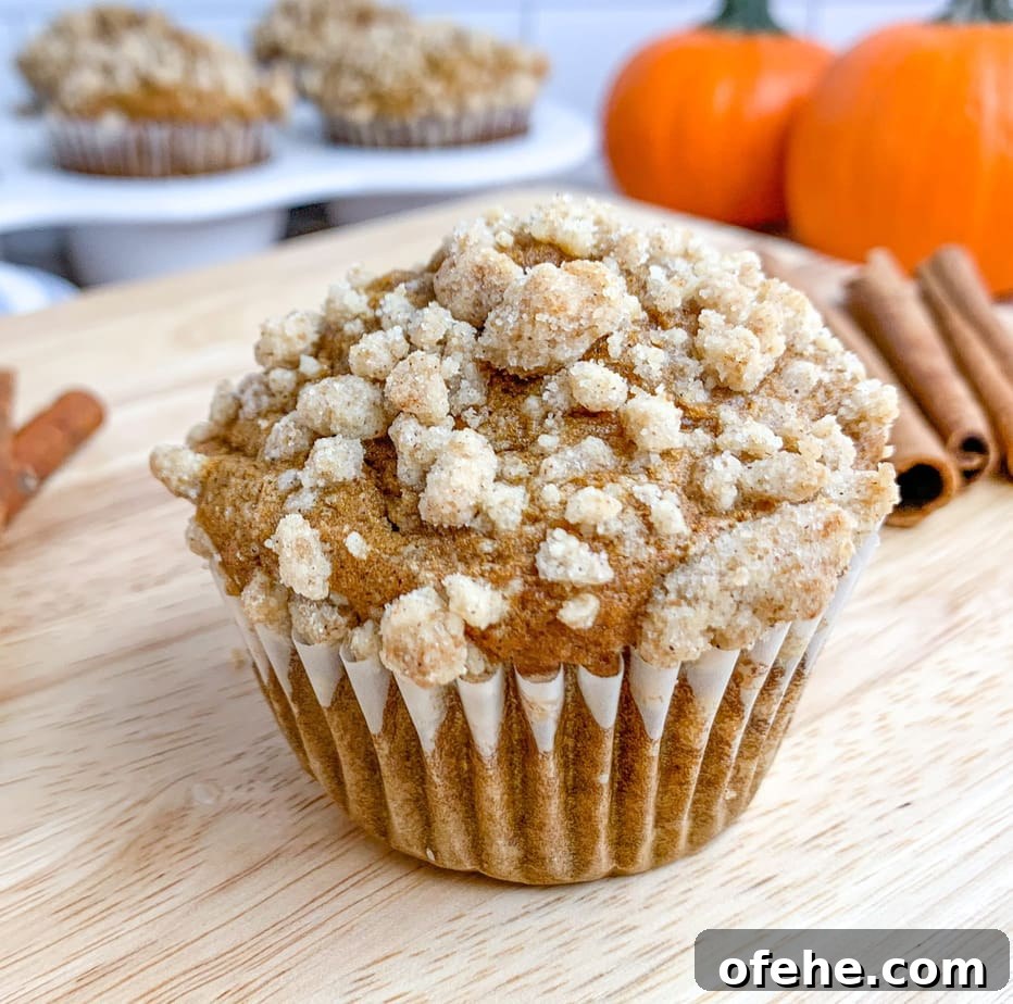 A close up of a pumpkin muffin. Pumpkins, muffins and cinnamon sticks in the background.