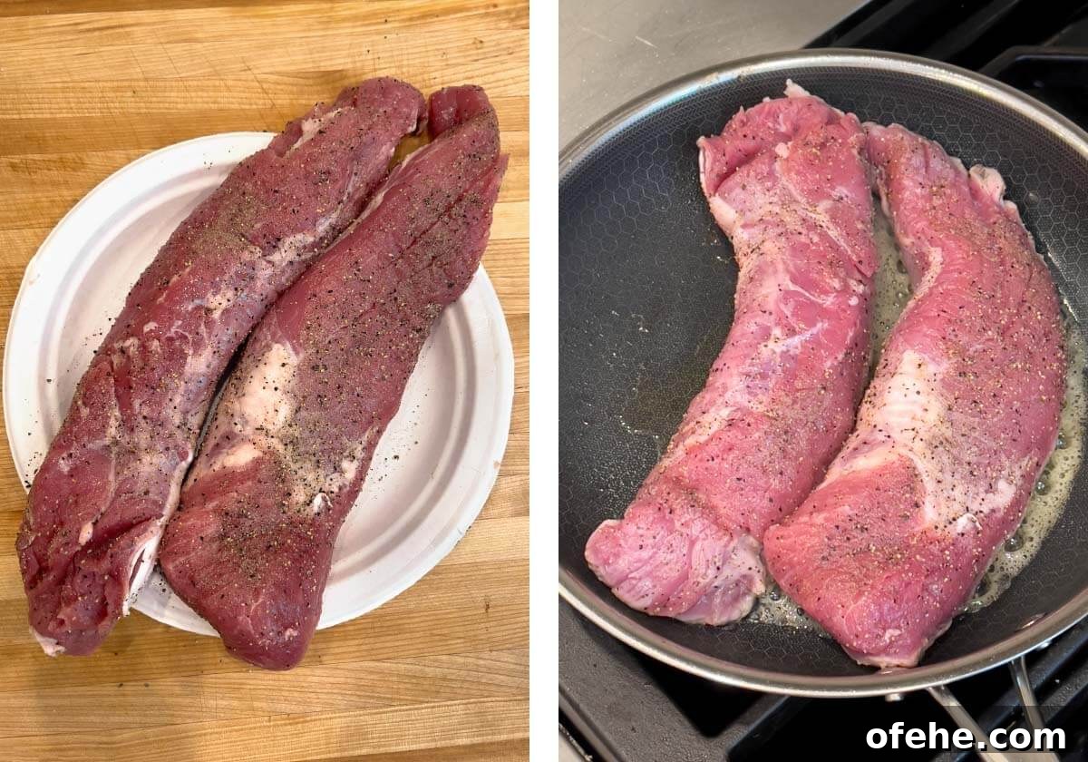 Juicy Oven-Roasted Pork Tenderloin Recipe 5 2 raw pork tenderloins seasoned with pepper, then in a skillet