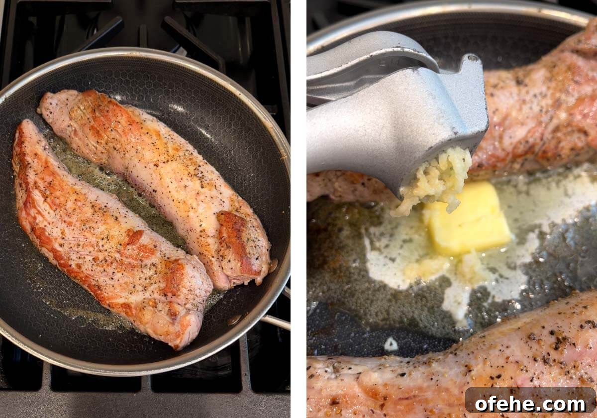 Juicy Oven-Roasted Pork Tenderloin Recipe 6 2 pork tenderloins searing in a skillet, butter and garlic added.