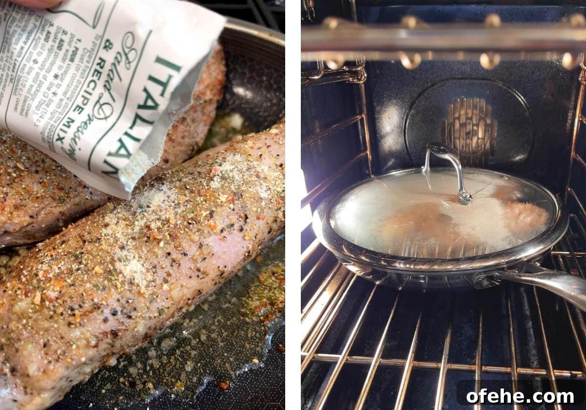Juicy Oven-Roasted Pork Tenderloin Recipe 7 Sprinkling Italian seasoning on pork tenderloin, skillet with lid in oven.