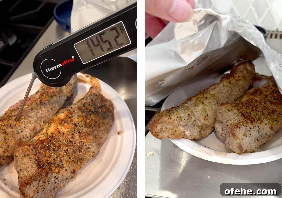 Juicy Oven-Roasted Pork Tenderloin Recipe 8 taking temperature of pork with digital thermometer, 2 pork roasts under tented foil.