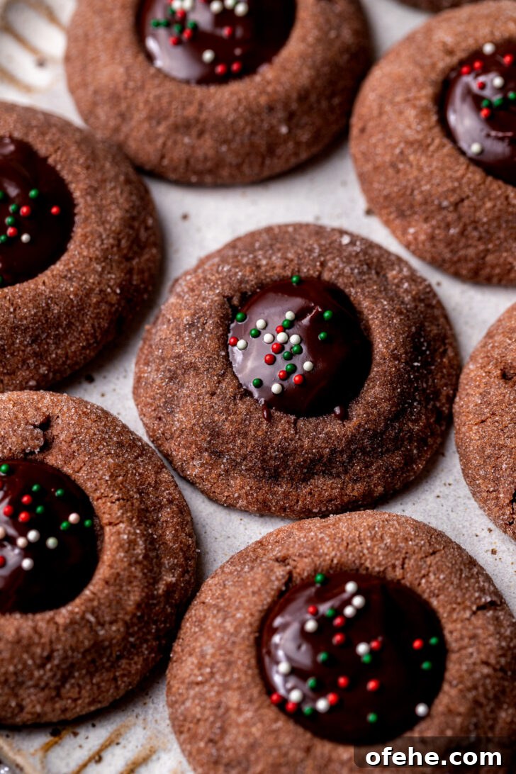 Chocolate Thumbprint Cookies with Gooey Jam Centers 2 Side view of chocolate thumbprint cookies.