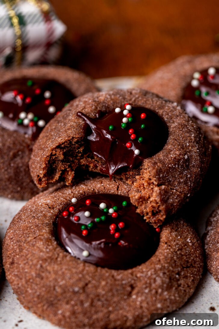 Chocolate Thumbprint Cookies with Gooey Jam Centers 3 Bite missing from cookies.