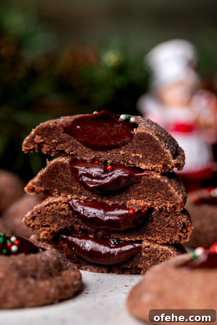 Chocolate Thumbprint Cookies with Gooey Jam Centers 9 Stack of two cookies split in half.