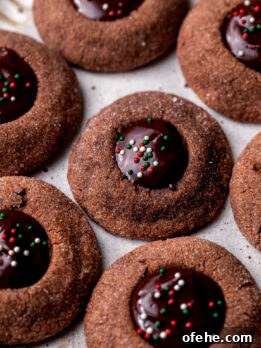 Chocolate Thumbprint Cookies with Gooey Jam Centers 10 Side view of chocolate thumbprint cookies.