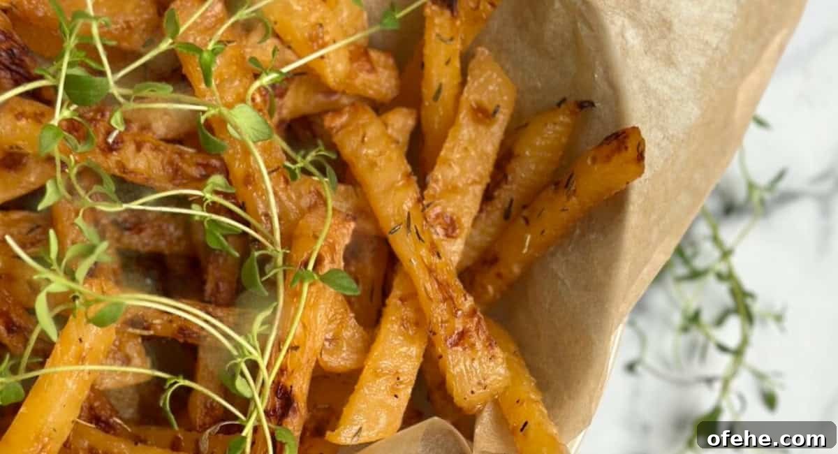 Overhead image of oven roasted rutabaga fries with garnish.