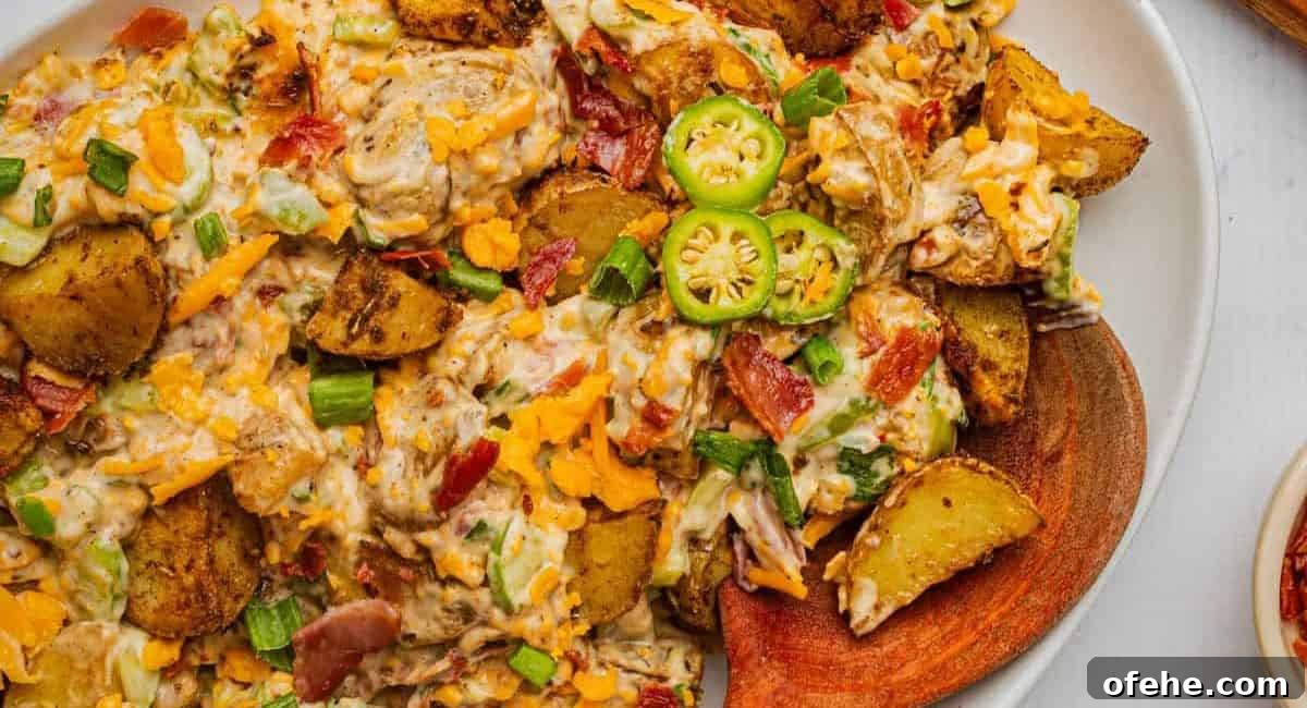 Overhead image of jalapeno popper potato salad on white dish with wooden spoon.