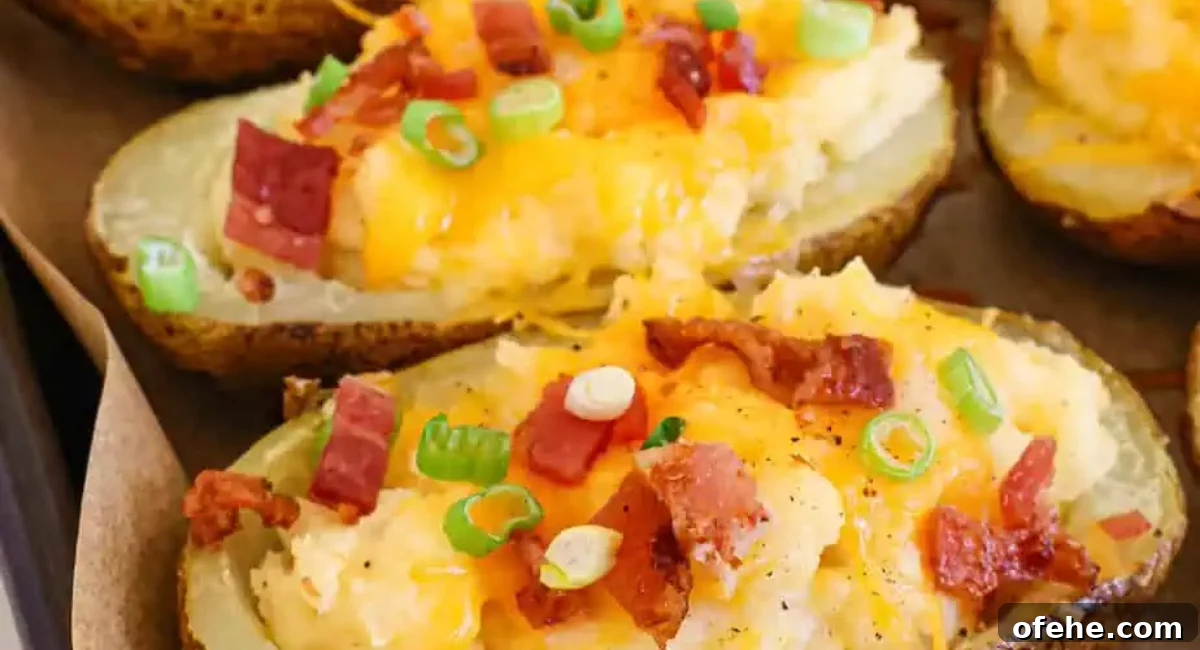 Up close image of twice baked potatoes with garnish.