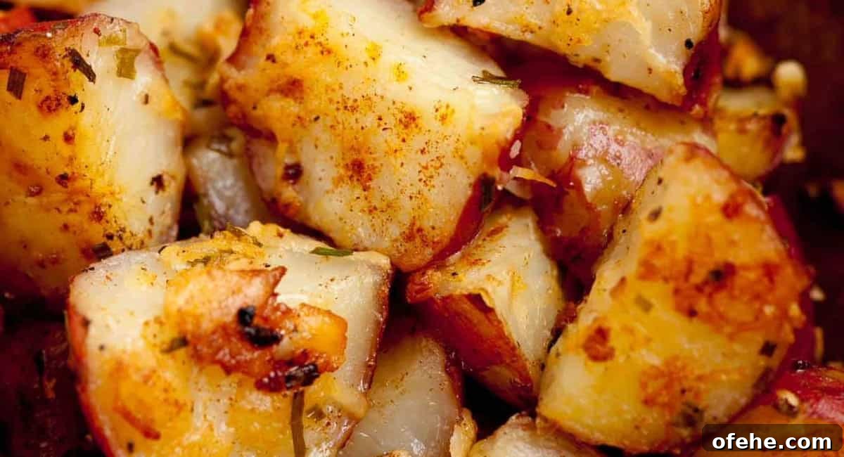 Overhead up close image of roasted red potatoes with garnish.