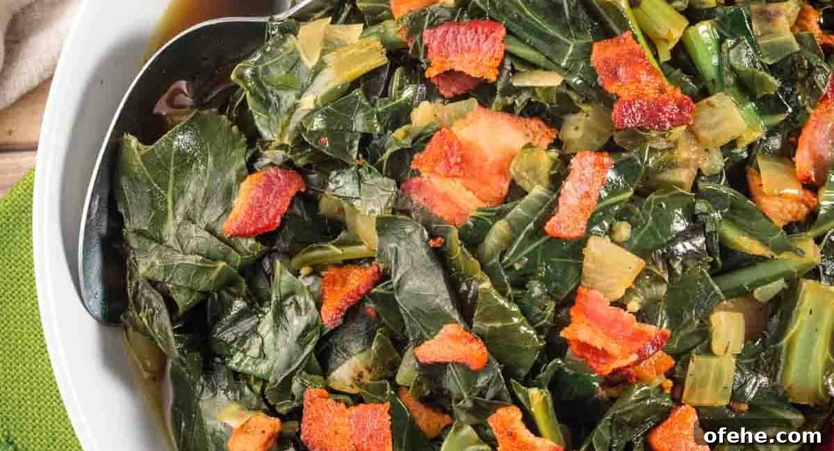 Overhead image of southern braised collard greens with bacon.
