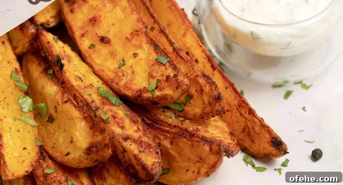 Overhead image of air fried potato wedges with garnish.