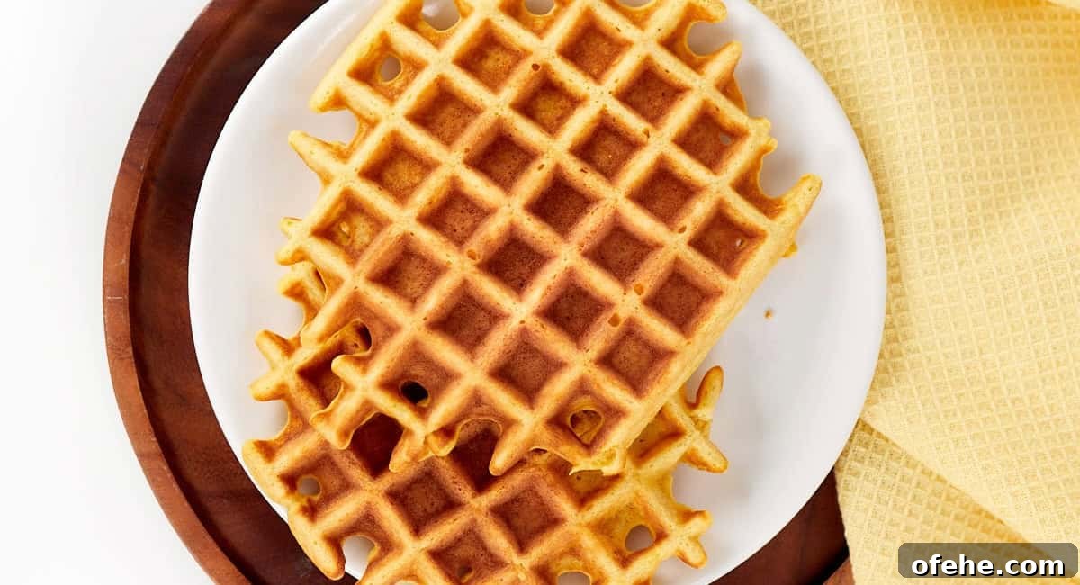 Overhead image of waffles on white dish.