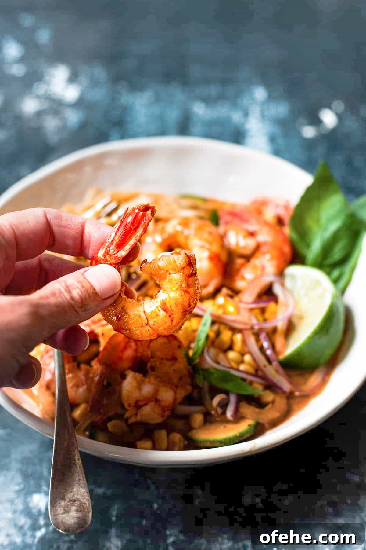 30-Minute Red Thai Prawn Curry Recipe for Busy Weeknights 6 Close up of Prawn red curry in a bowl.