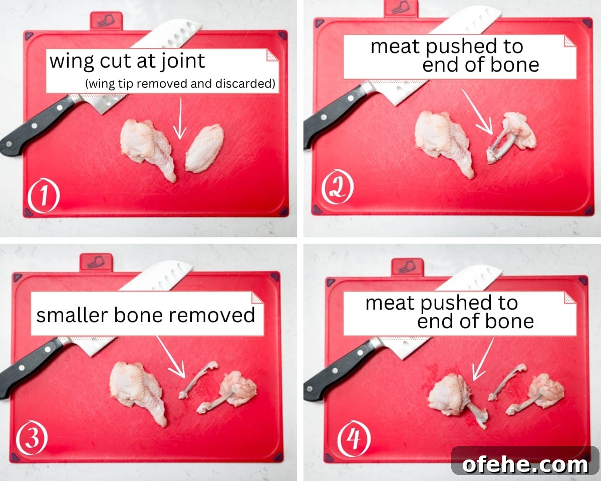Crispy Chicken Lollipops Recipe: Finger-Licking Party Snack 4 4 image collage showing how to make 2 chicken lollipops from a chicken wing. The prep is taking place on a red chopping board. There is an instruction box for each step.