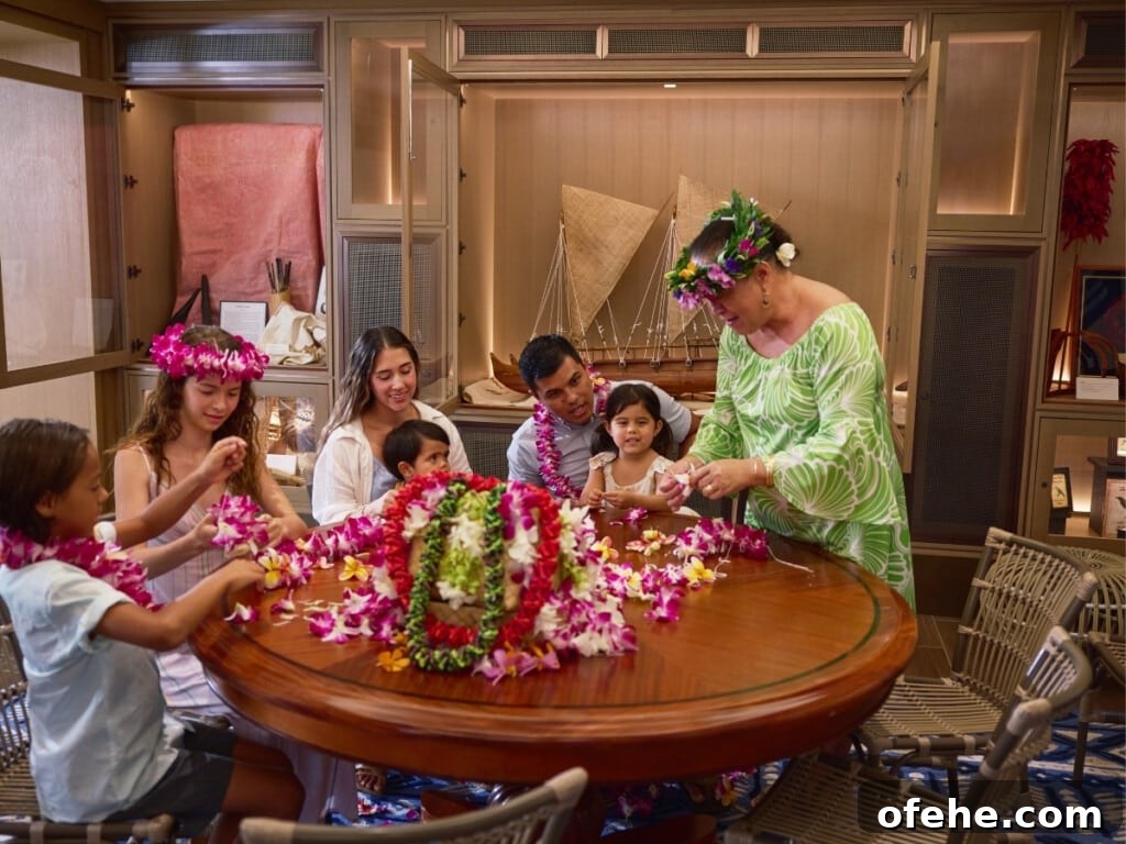 Waikīkī Hawaiian Cultural Activities: Free Events & Experiences 4 A family taking a floral lei making class at Aʻo Cultural Center at OUTRIGGER Reef Waikiiki Beach Resort.